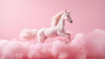 A majestic white unicorn with a pink bridle leaps through cotton candy clouds against a pastel pink backdrop, creating a whimsical scene. photo