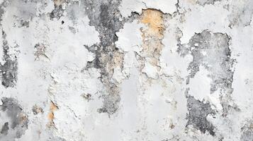 Distressed wall surface with peeling white paint reveals weathered texture and underlying layers creating a rustic, decaying aesthetic. photo