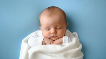 Serene slumber of a newborn infant wrapped in a soft, white blanket against a soothing blue backdrop. Peace and innocence radiate from the baby. photo