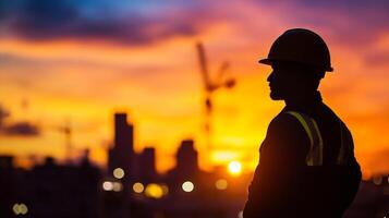 Silhouette of construction worker against vibrant sunset sky. Hard hat and reflective vest depict safety and industry at dusk. Focus on labor. photo