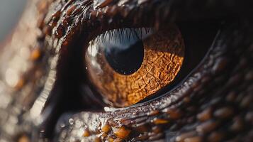 Macro shot of reptile eye showcases intricate details. Captivating close-up reveals texture, color and scales surrounding the eye photo