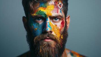 A man with striking blue eyes and a full beard, his face and body are adorned with vibrant and colorful paint splashes. Abstract art human canvas. photo