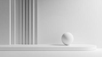 Minimalist showcase with a white sphere against a clean background, highlighting simplicity and geometric forms in a neutral setting. photo