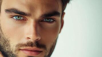 Close-up of a man's face, emphasizing striking blue eyes, strong brows, and a well-groomed beard against a light background. photo