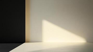 A stark contrast of light and shadow in an empty room with beige and black walls, creating an abstract and minimalist architectural scene. photo