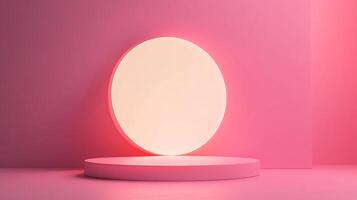 Minimalist pink studio setup with platform, circle backdrop. Soft lighting emphasizes the simple elegance, perfect for showcasing products. photo