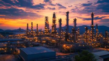 Industrial complex at sunset, featuring towering structures and intricate pipe systems against a backdrop of mountains and colorful skies. photo