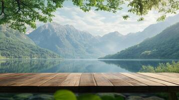 Wooden deck overlooking a serene lake surrounded by mountains. Mist hangs in the air, creating a peaceful and scenic vista, relaxing scene. photo