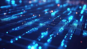Abstract representation of digital network and technology background with blue lights and geometrical shapes. High tech grid structure photo