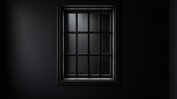 Dramatic dark window with geometric pattern and light interplay, showcasing texture and depth in a stark, monochrome setting, mysterious ambience. photo
