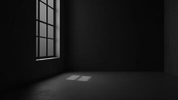A monochromatic image of an empty room with a window casting light onto the floor, creating a minimalist, somber atmosphere. photo