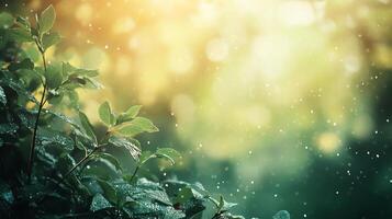 Lush green foliage glistens with dew in a sunlit clearing. The serene scene captures the freshness of nature with a bokeh background. photo