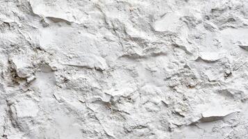 Close-up of a rustic stone wall with textured white plaster. It shows a rugged, uneven surface. Some darker spots add depth and character. photo
