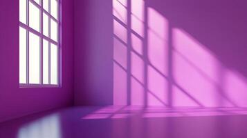 Purple room flooded with sunlight casting window pane shadows, creating a serene, minimalist interior, and emphasizing light and color. photo