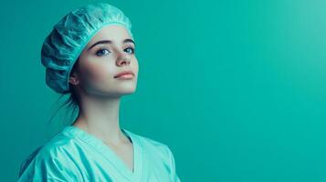 Focused healthcare worker looks upward in scrub cap and medical uniform, embodying dedication and commitment to patient care, ready to act. photo