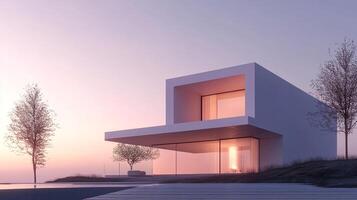 Modern minimalist villa with expansive glass windows, bathed in the warm glow of the sunset. Contemporary architecture in a serene environment. photo