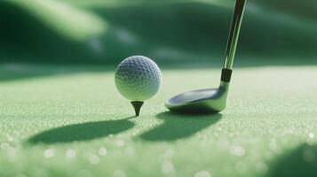 A golf ball sits on a tee, ready for a swing by a nearby golf club, on a lush green course. The light creates a soft, inviting scene. photo