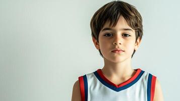 A young, fair-skinned boy with brown hair and eyes gazes directly forward, wearing a sleeveless sport jersey against a neutral backdrop. photo