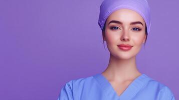 Portrait of a serene healthcare worker wearing a surgical cap and scrubs against a calming lavender backdrop. Medical professional look photo