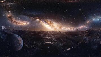 A breathtaking cosmic vista showcases planets on a rugged terrain beneath a radiant, star-studded galaxy, evoking the infinite expanse of space. photo