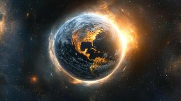 Earth from space with an orange glow surrounding it. A multitude of stars are in the background. View focused on North and South America. photo