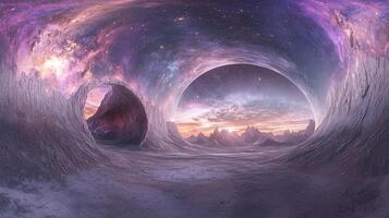 Surreal landscape featuring cosmic skies viewed through unique rock formations, blending earthly and otherworldly elements in a seamless visual. photo