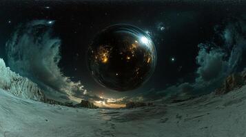 A celestial sphere hovers above a desolate, rocky landscape beneath a starlit sky, blending cosmic wonder with earthly desolation. photo