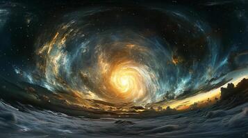 A swirling vortex of nebulae and stars dominates the sky, with swirling clouds below, creating a cosmic panorama full of energy and awe. photo