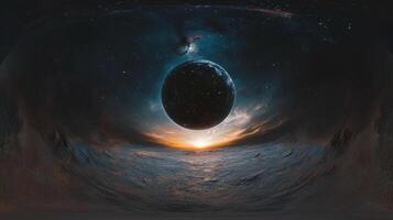 A celestial sphere hangs above a rugged, otherworldly horizon, where a golden light paints the sky with dramatic swirls and a nebula backdrop. photo