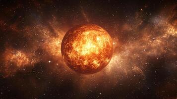 Glowing celestial orb in the cosmic expanse, surrounded by swirling nebulae and distant stars, captivating spectacle of deep space. photo