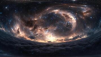 Celestial panorama blending swirling nebulae with a dense cloudscape, awash with starlight and ethereal light. An cosmic spectacle unfolds. photo