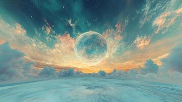 Surreal celestial landscape with a vibrant planet-like sphere, layered clouds, and pastel sky merging with a tranquil surface. photo