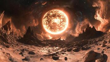 A fiery, otherworldly landscape is bathed in the light of a massive star, creating a surreal and dramatic alien vista. photo