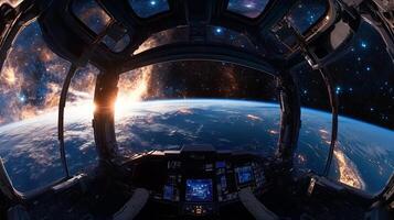 View from a spaceship cockpit. Earth and the cosmos are seen through the glass. Futuristic dashboard in the foreground. photo
