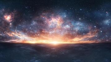 Spectacular cosmos view with a glowing horizon, stars and nebulae blend together forming a gorgeous backdrop above the ocean waves. photo