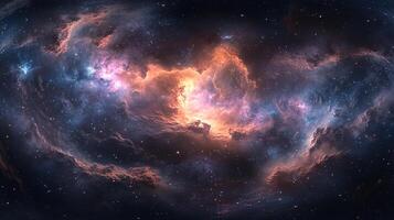 A stunning nebula in deep space, showcasing vibrant blues, pinks, and oranges against a dark backdrop of distant stars. Vast and captivating. photo