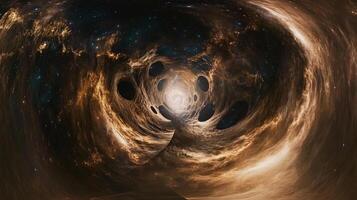 Abstract cosmic tunnel with swirling nebula clouds and dark voids, leading to a bright, ethereal light at the end. Journey through space. photo
