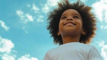 Young child looks hopefully up towards a bright blue sky filled with fluffy white clouds, full of optimism and wonder. photo