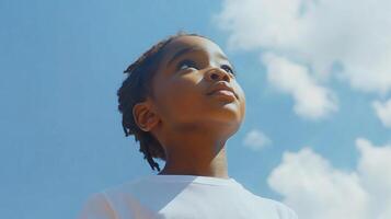 A young child looks up at a vast blue sky dotted with fluffy white clouds, a hopeful and innocent gaze towards the heavens above. photo