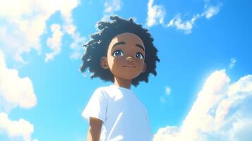 Young character stands beneath the wide blue sky. Clouds dotting above, cartoon style. Looking up with a bright outlook on the future. photo
