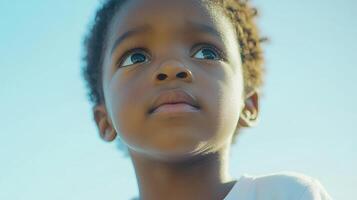 Close-up of a child with curly hair looking up against a clear blue sky. Represents hope, dreams, and a bright future for the young generation. photo