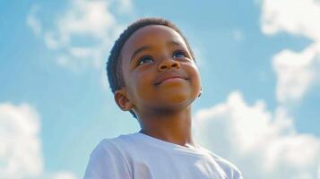 Young boy looks up to the sky with a serene expression, evoking a sense of wonder and aspiration, against a backdrop of fluffy clouds. photo