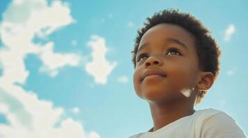 Young boy gazes up at the sky with wonder and hope. Sunlight illuminates his face against the blue sky and fluffy white clouds backdrop. photo