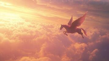 A majestic winged horse soars above a sea of clouds illuminated by a golden sunset, symbolizing freedom and the power of imagination. photo