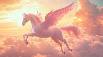 Fantasy horse with wings soaring through a pastel colored sky above the clouds. A magical creature in a soft dreamy landscape. photo