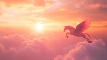 A winged unicorn gallops through a dreamy pink and orange sky, surrounded by fluffy clouds. Magical realism and ethereal beauty combine. photo
