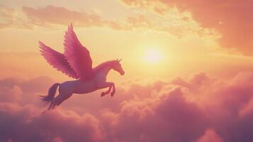 A majestic winged horse soars through a vibrant sky. The winged creature is flying through puffy clouds as the sun is rising behind it. photo