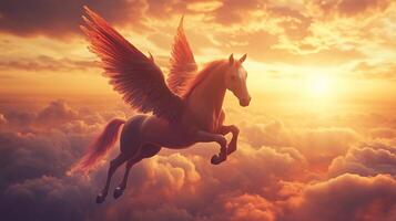A winged horse soars through the sky, bathed in the golden glow of the setting sun, symbolizing freedom and ethereal beauty. photo