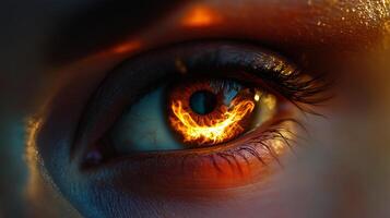 Close-up view of a human eye with a fiery glow within the iris, creating an intense and captivating visual effect. photo