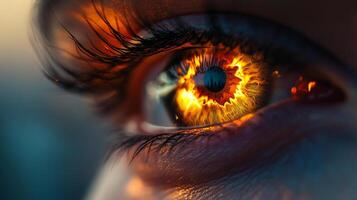 Close-up of an eye with fiery iris, resembling molten gold, set against contrasting dark eyelashes and a blurred, dreamlike background. photo